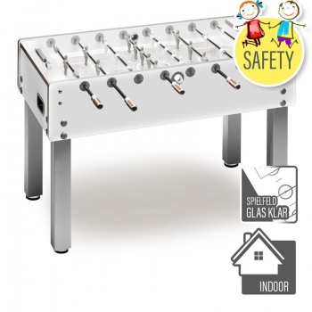 Fussballtisch Garlando G500 pure white, Glasspielfläche, Safety- Stangen