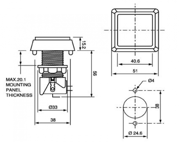 Push Button square 51x51mm with illumination
